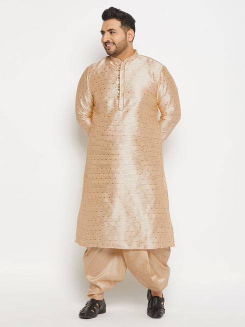 Vastramay Men's Plus Size Gold Zari Weaved Kurta Dhoti Set